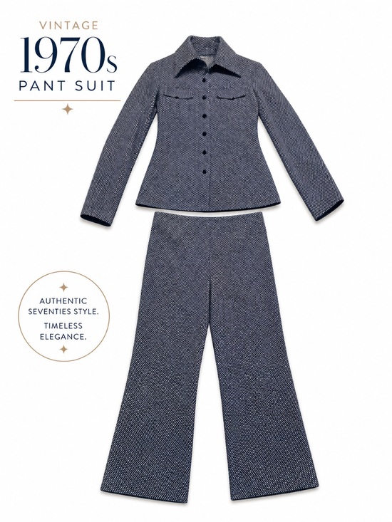 Pants - Vintage Retro 70s Navy White Geometric Pant Suit Set High Waist Flare M